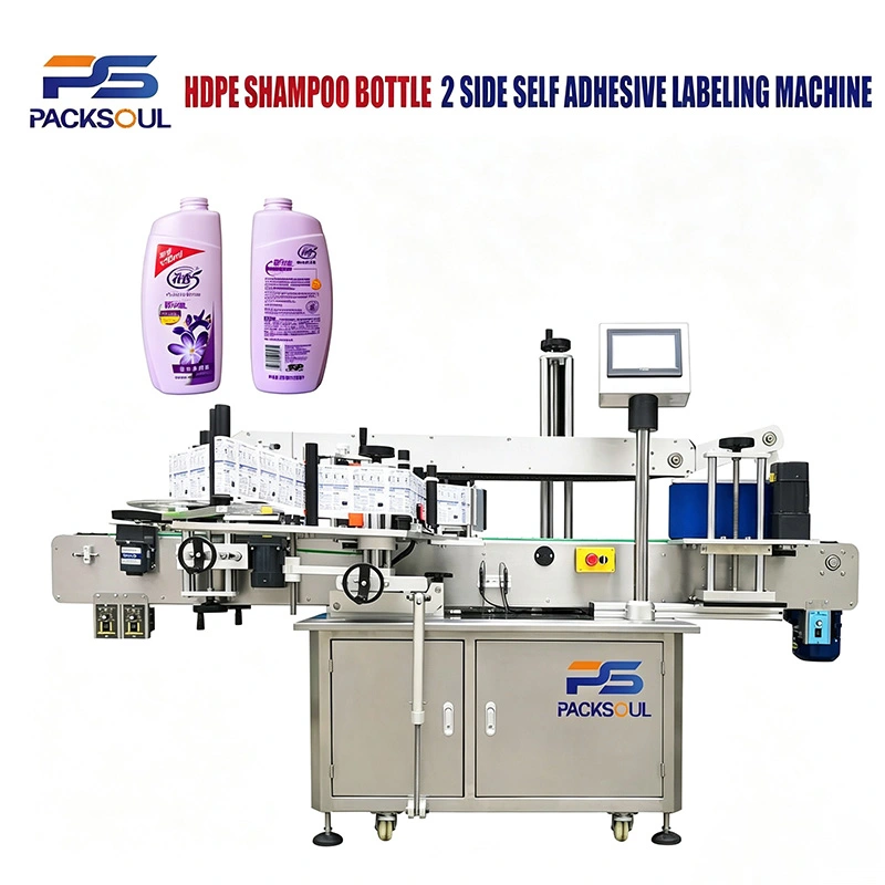 Etichettatrice a doppio lato per bottiglie di shampoo in HDPE