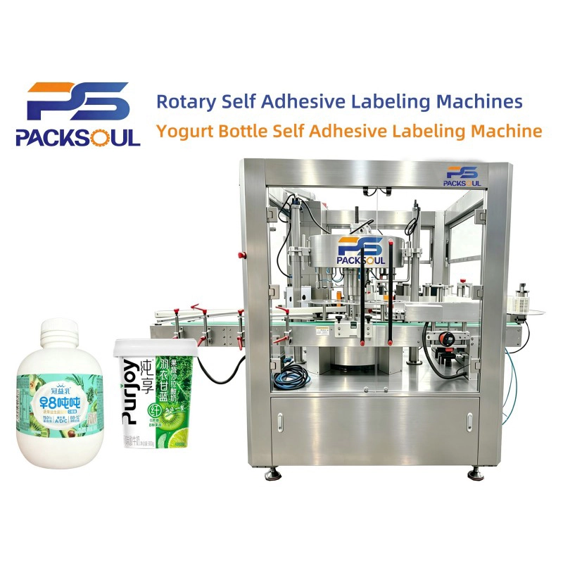 Etichettatrice autoadesiva per bottiglie di yogurt